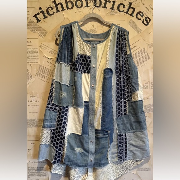 Free People Perfect Patchwork Denim Tunic Dress Distressed Lace Piecing Blue - Picture 2 of 5